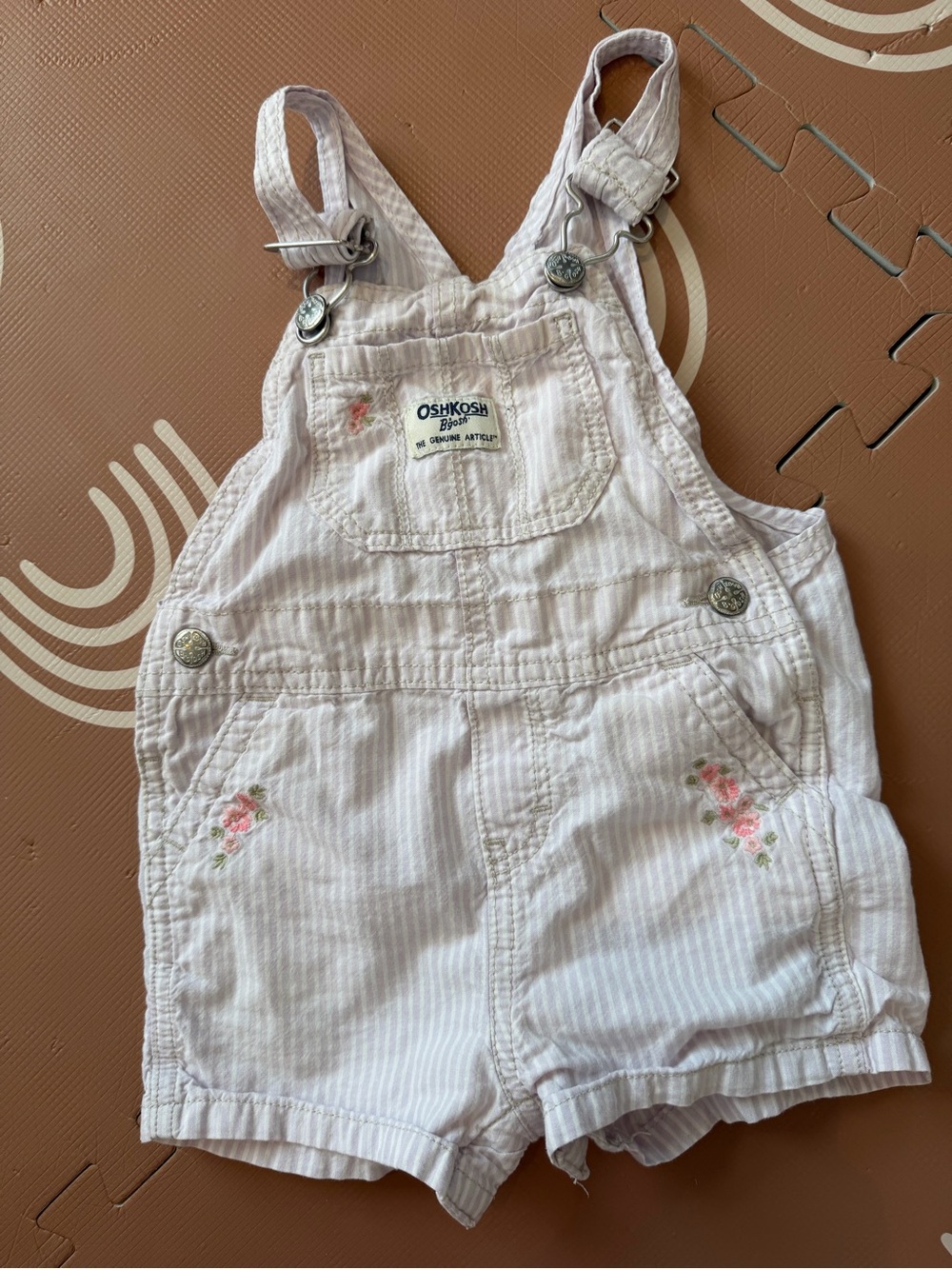 OshKosh B'gosh Pale Pink Striped Floral Embroidered Short Overalls